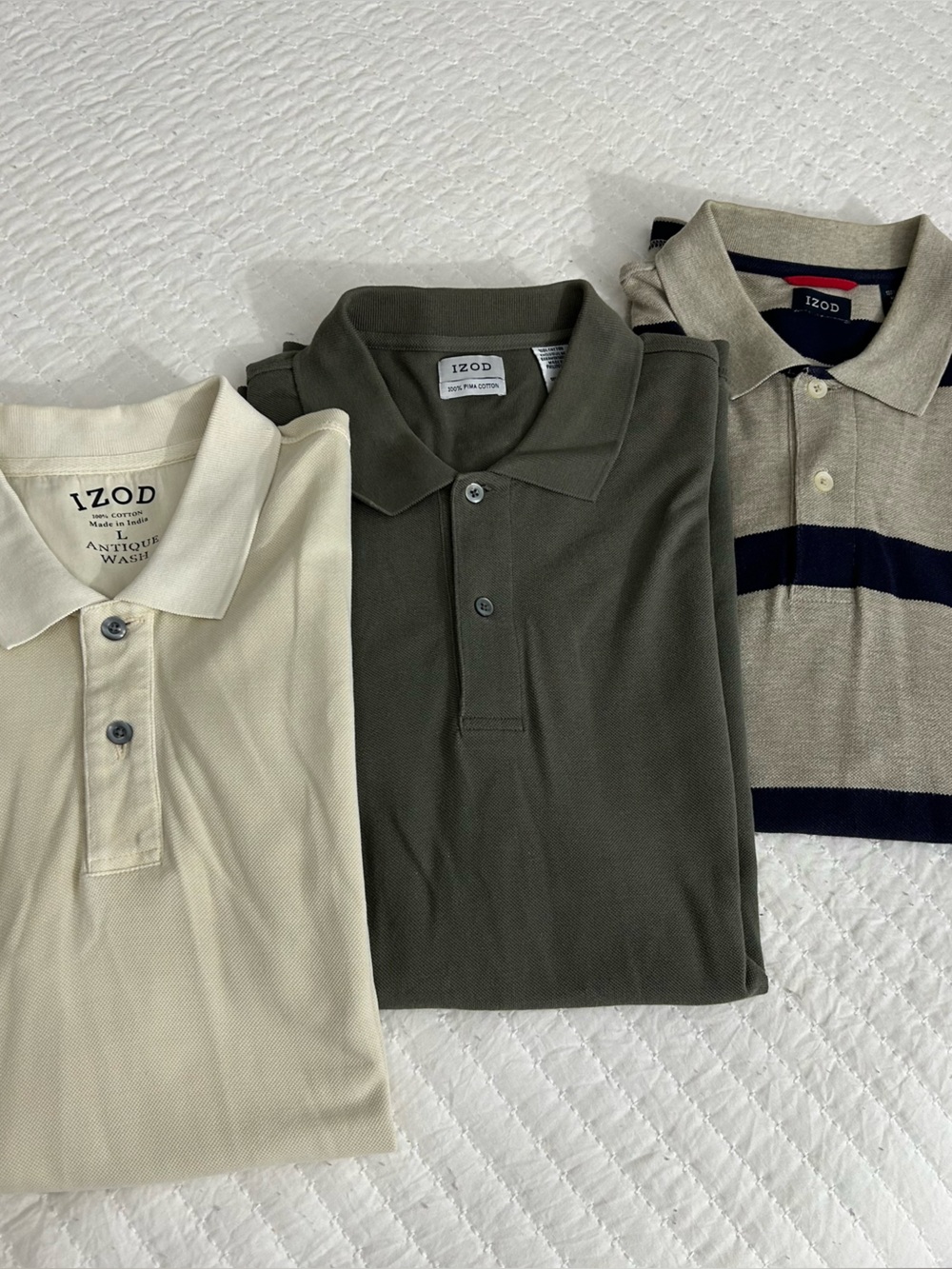 Izod Men’s Polo Set — Olive, Cream & Tan with Navy Stripe